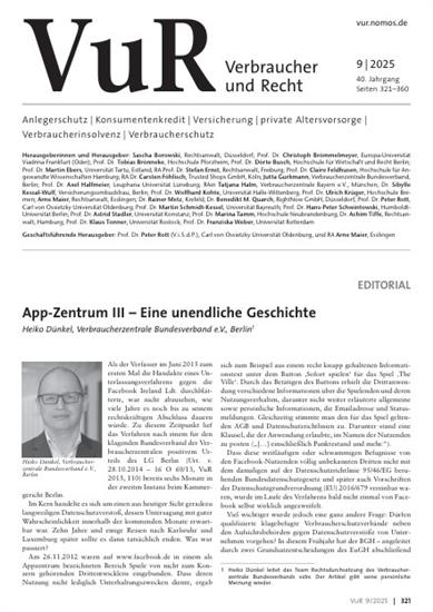 Verbraucher und Recht - VuR Ausgabe 2025009